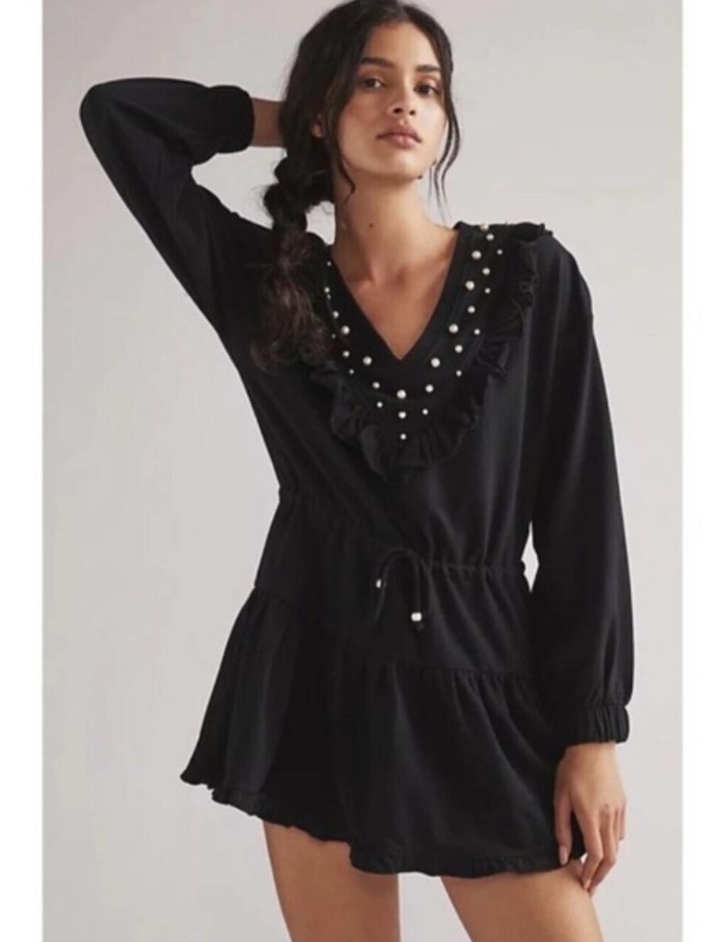 Sundays Anthropologie Black Gemma Pearl Ruffle Trim Mini Dress Size Small